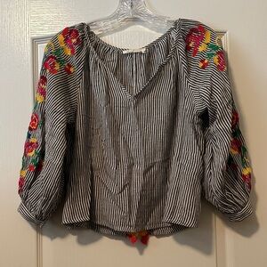 Anthrpologie Striped Floral Embroidered Women's Top